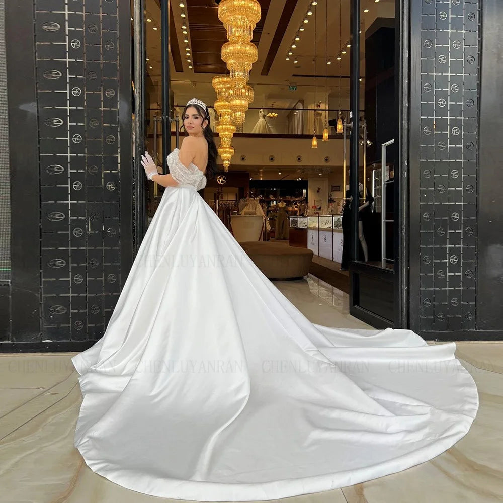 Satin exquisites Hochzeitskleid Puffärmel A-Line Braut Kleid Applique Sweep Zug Long Kleid für Frauen 2024 Robe de Mariée