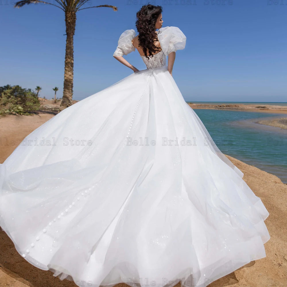 Abiti da sposa semplici maniche a scarpone a torro a cuore a cuore da sposa appliques lunghezza del pavimento tulle a-line vestidos de noni 2024