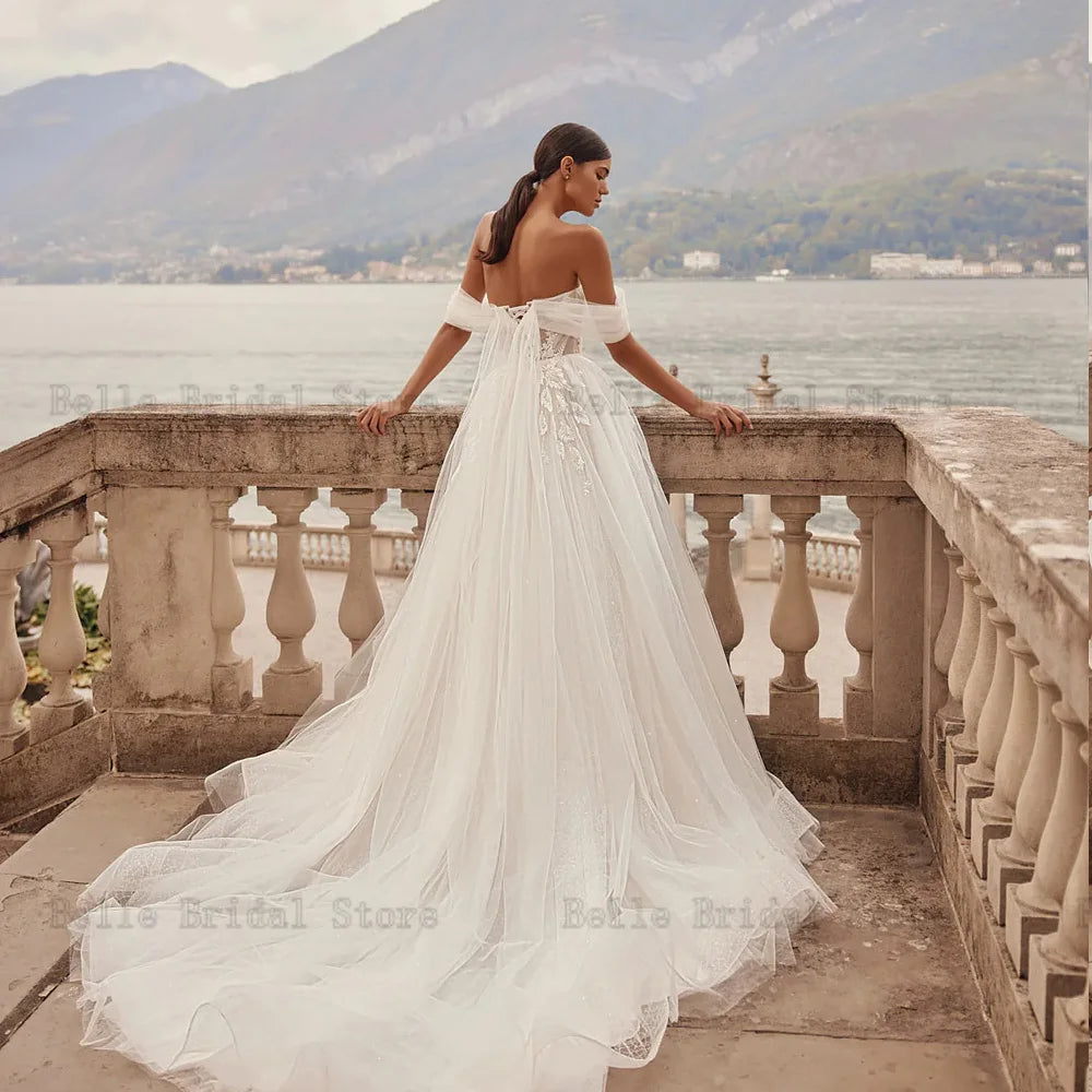 Sexy Wedding Dresses Off Shoulder Sleeveless Bridal Gowns Appliques Beads Back Lace Up Sweep Train A-Line Vestidos De Novia 2023