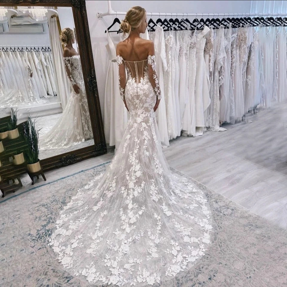 Weg Von Der Schulter Spitze Meerjungfrau Mit Langen Ärmeln Hochzeit Kleid Schatz Stickerei Backless Frauen Brautkleider Vestido De Noiva