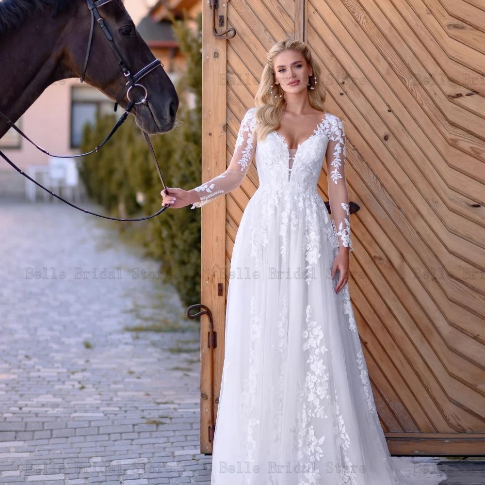 Elegantes vestidos de novia de tul blanco V cuello mangas largas Grows Apliques Illusión Vestidos de línea A de piso de Novia