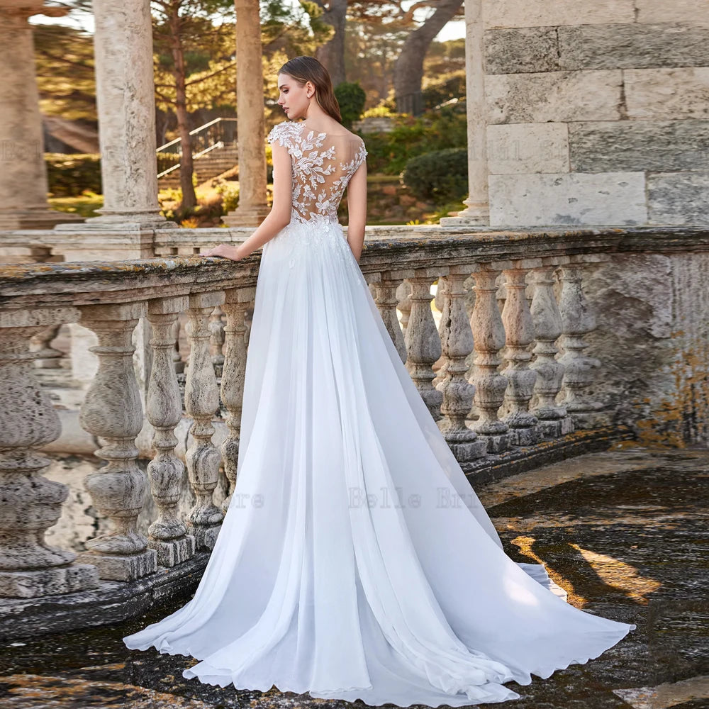 Sexy Chiffon Wedding Dresses V Neck Cap Sleeves Bridal Gowns Appliques Back Illusion Floor Length A-Line Vestidos De Novia 2024