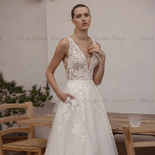 Classic Ivory Wedding Dresses V Neck Backless Bridal Growns Appliques Illusion Sweep Train A-line Tulle Vestidos De Novia 2023