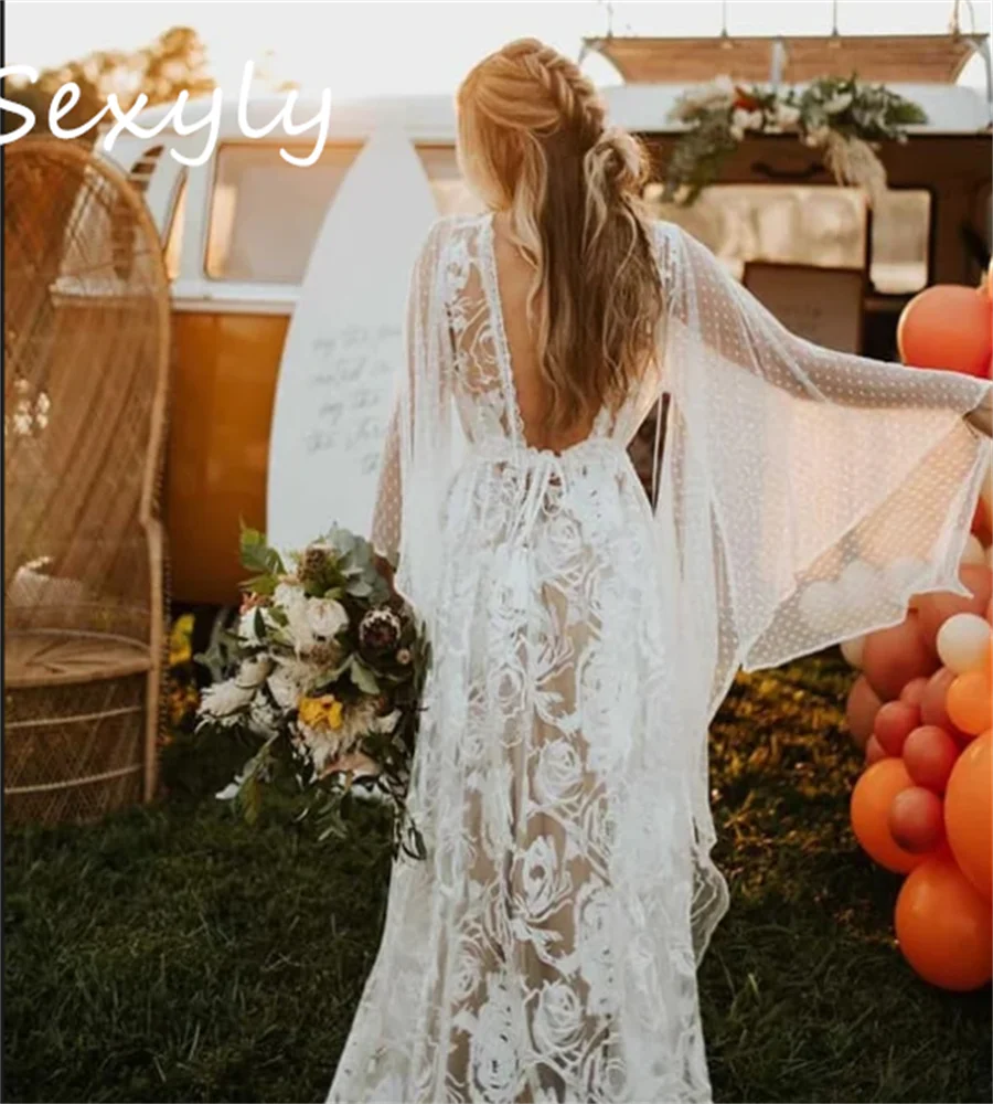 Fairy Lace Boho Wedding Dress With Flare Sleeves Rustic Country Bohemain Bridal Dresses Sexy Backless Garden Beach Bride Chic