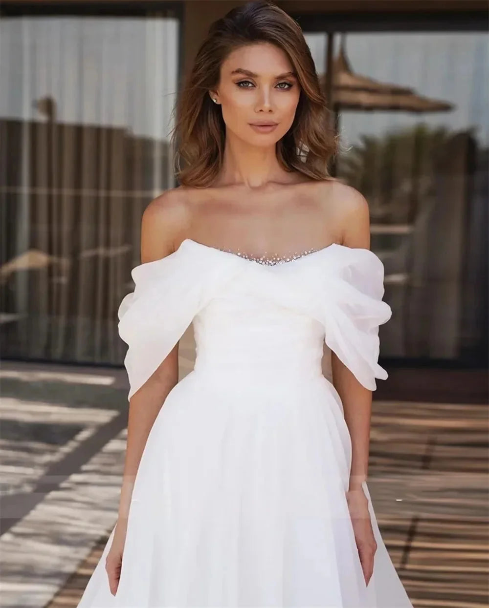 Vestidos de novia de Bohemia Princesa A-Line Organa Off Shoulder Vestidos nupciales Lados sexys para mujeres Medida de personalización impresionante