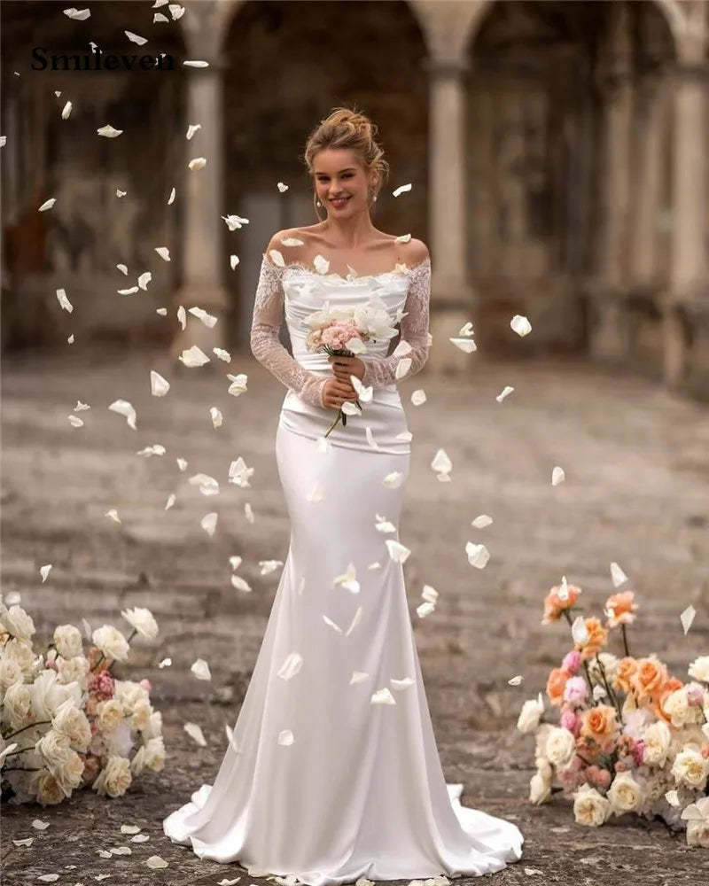 Abito da sposa a maniche lunghe in pizzo smileven abiti da sposa in raso da sposa vestidos de noni di treno staccabile per abiti da sposa principessa