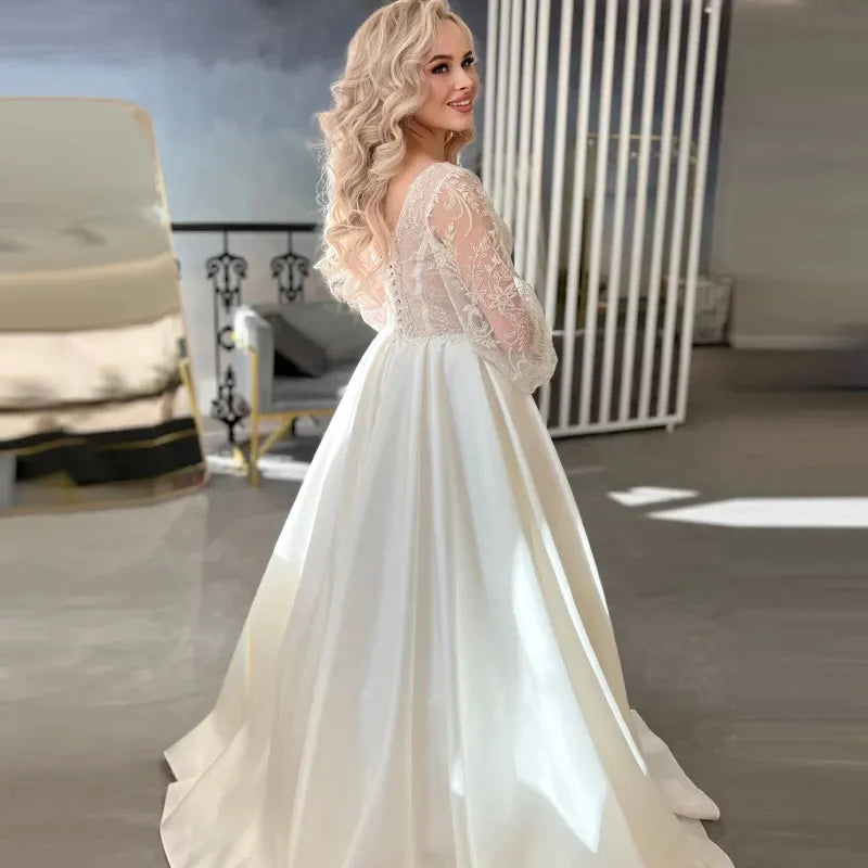 Luxury Wedding Dresses For Women Satin A-Line Bridal Gowns Lace Appliques Elegant Robes Long Puff Sleeves Vestidos De Novia 2023