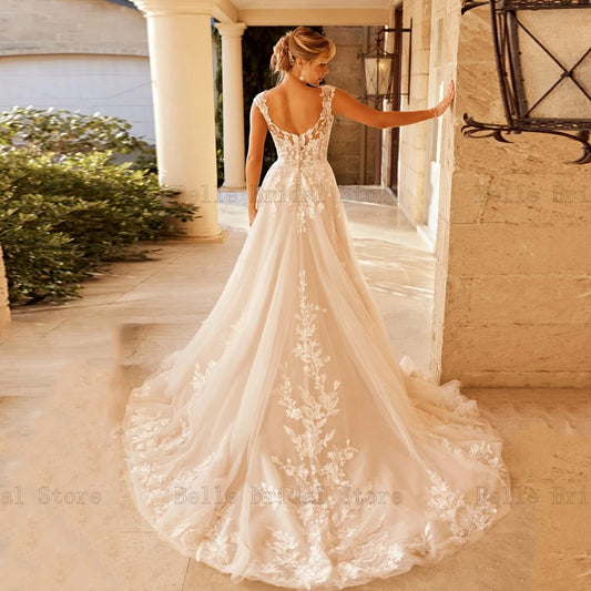 Beach Wedding Dresses V Neck Cap Sleeve Bridal Gowns Appliques Backless Illusion Sweep Train A-Line Tulle Vestidos De Novia 2024