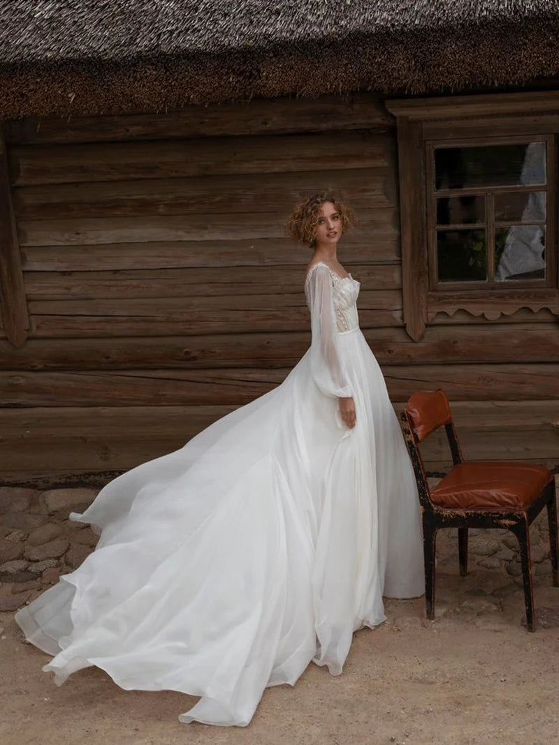 Long Puff Sleeve Beach Boho Wedding Dresses Sweetheart Lace Beading A Line Bride Gown Backless Bohomian Romantic Bridal Dress