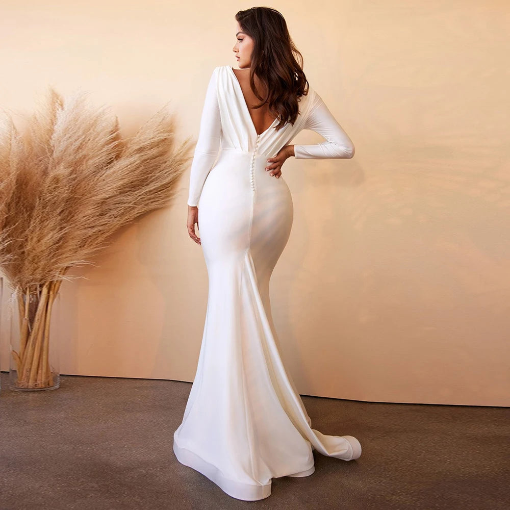 Simple Poretrait V-Neck Wedding Dresses for Long Sleeves Bridal Growns with Floor-Length Strap Vestidos De Novia Backless 2024