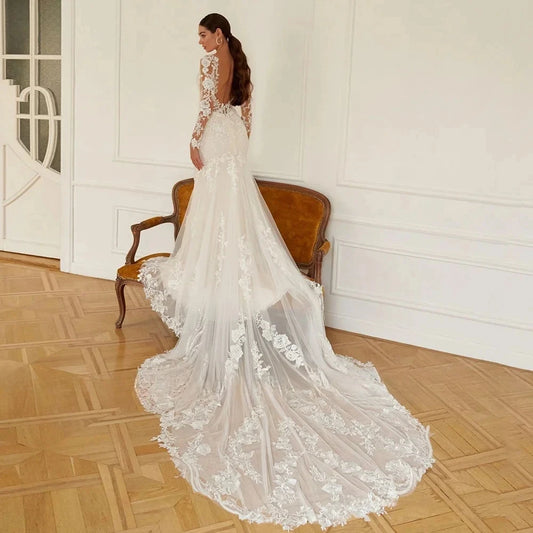 Lace Long Sleeve Wedding Dress Mermaid 2024 V Neck Applique Beading Bride Bridal Gown Vestidos De Novia YMW142
