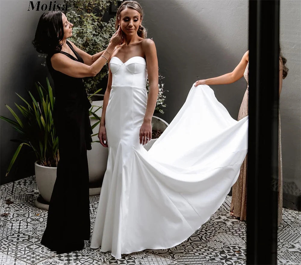 Strapless Wedding Dress Sleeveless Floor Length Sweetheart Satin Bride Dresses for Women Free Shipping Country Bridal Gown