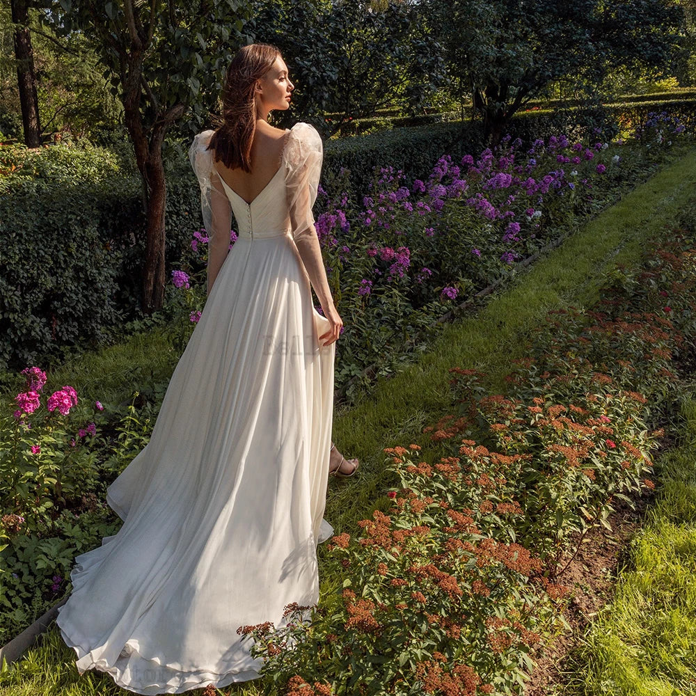 Elegantes vestidos de novia Cuella de vecina larga de cuello a la línea A-LINE GOWNS FLORES FLORES DE CARRO DE CARRO DE CARRO DE SWEE