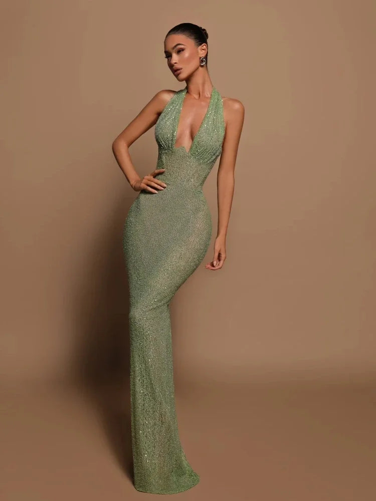 Sexy Halter Deep V Neck Sequins Maxi Dress Women Green Backless Sleeveless Sequined Slim Long Dresses Celebrity Party Gowns