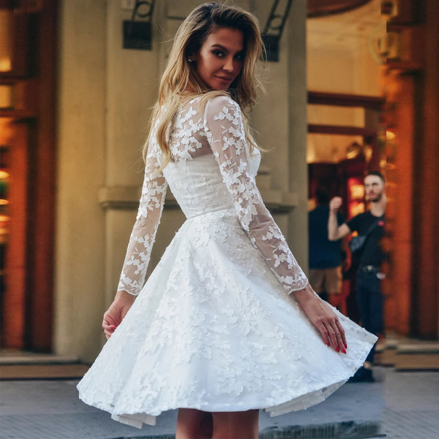 Short Wedding Dresses Custom Made Long Sleeves Flower Applique Knee A-line Lace Bridal  For Women 2022  Robe De Mariee Summer