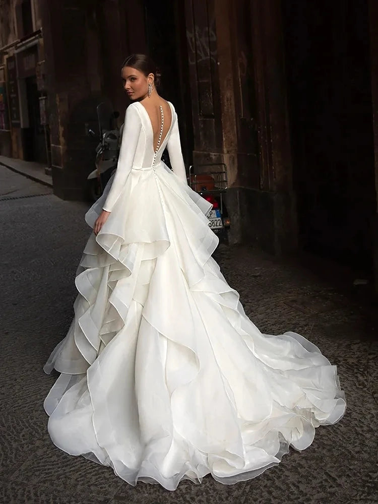 Hermosos vestidos de novia con cuello en v túnica nupcial moderna con mangas largas vestidos de pliegues de mangas niveladas de lujo de novia