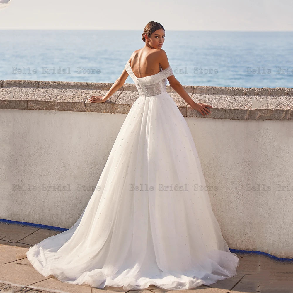 Elegant Pearls Tulle Wedding Dresses Sweetheat Neck A-line Bridal Growns Sleeveless A-Line Floor-Length Vestidos De Novia 2023