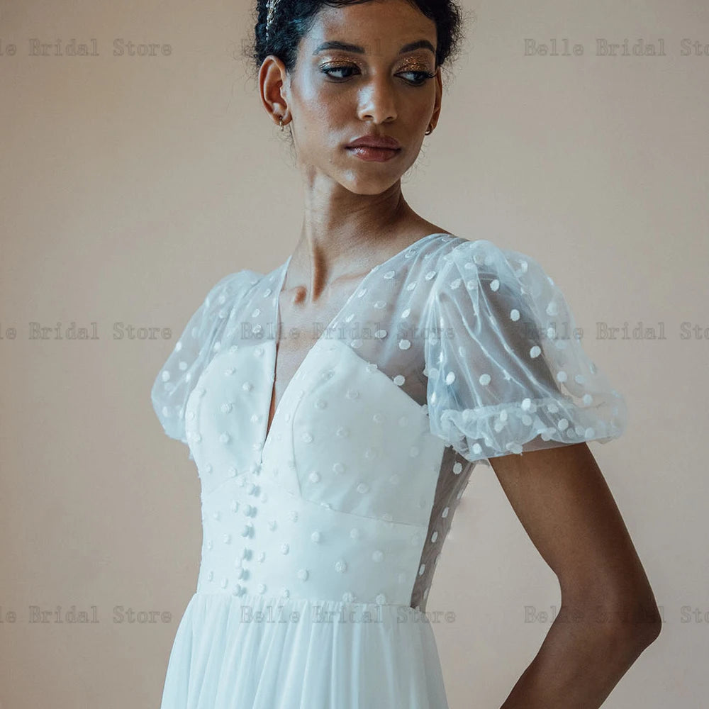 Eleganti abiti da sposa in chiffon bianco per donna a maniche a soffio a colonna