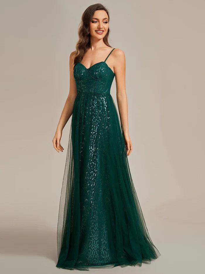 Exquisite Empire Waist Sequin Shiny A-Line Floor Length Sweetheart Neckline Spaghetti Straps Tulle Cover Evening Dress