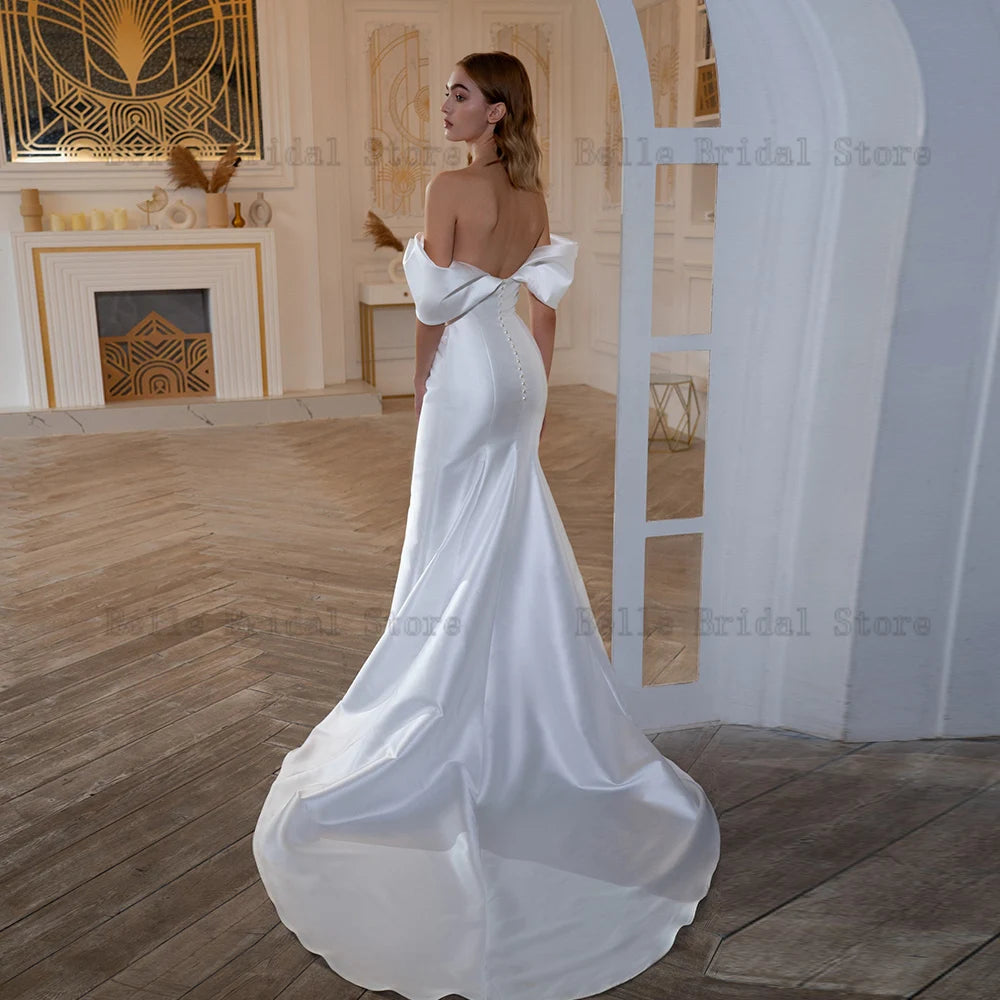 Elegante schulterfreie Brautkleider herzförmiger Ausschnitt Brautkleider Perlenfalten Sweep Zug Meerjungfrau Satin Vestidos De Novia 2023