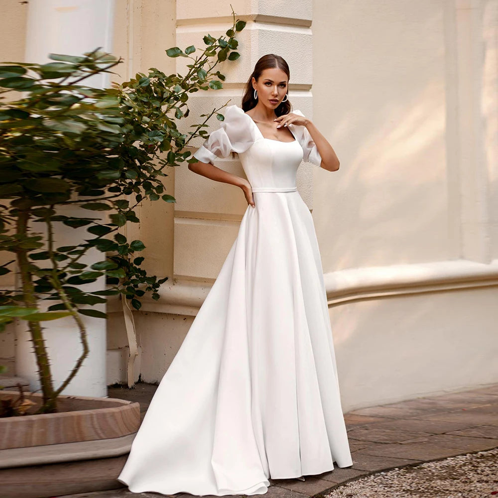 Robes de mariée blanches simples couches à demi-manches robes de mariée plissage back zipper a-line sweep train свадебное платье 2023