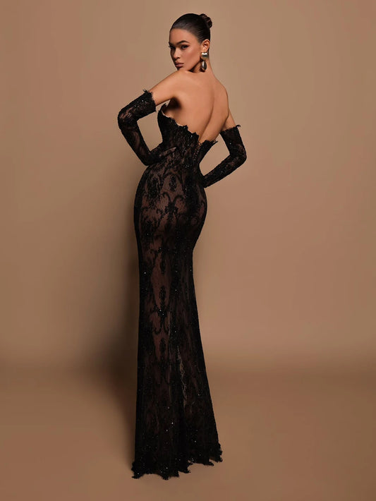 Transparentes schwarzes Meerjungfrau-Spitzen-Abendkleid mit Handschuhen, rückenfrei, bodenlang, Partykleid, Damenkleid