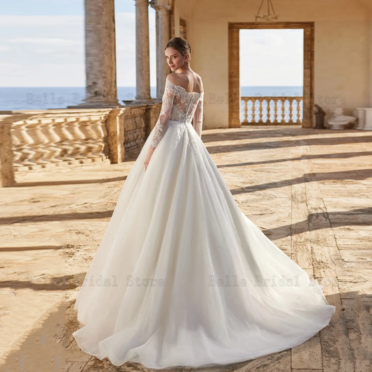 Classic Off Shoulder Wedding Dresses Boat Neck Long Sleeves Bridal Gowns Applique Floor Length A-Line Vestidos De Novia 2023