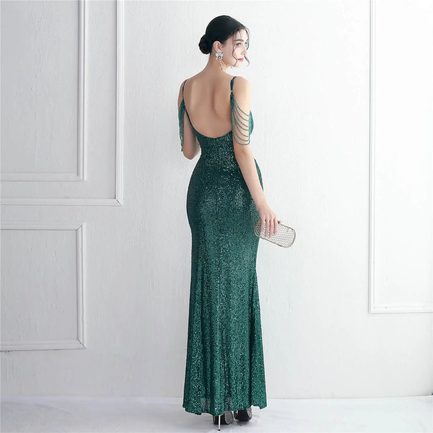 Women Backless Gold Sequin Dress Strap Beading Party Maxi Dress Sexy Slit Evening Dress Long Prom Dress