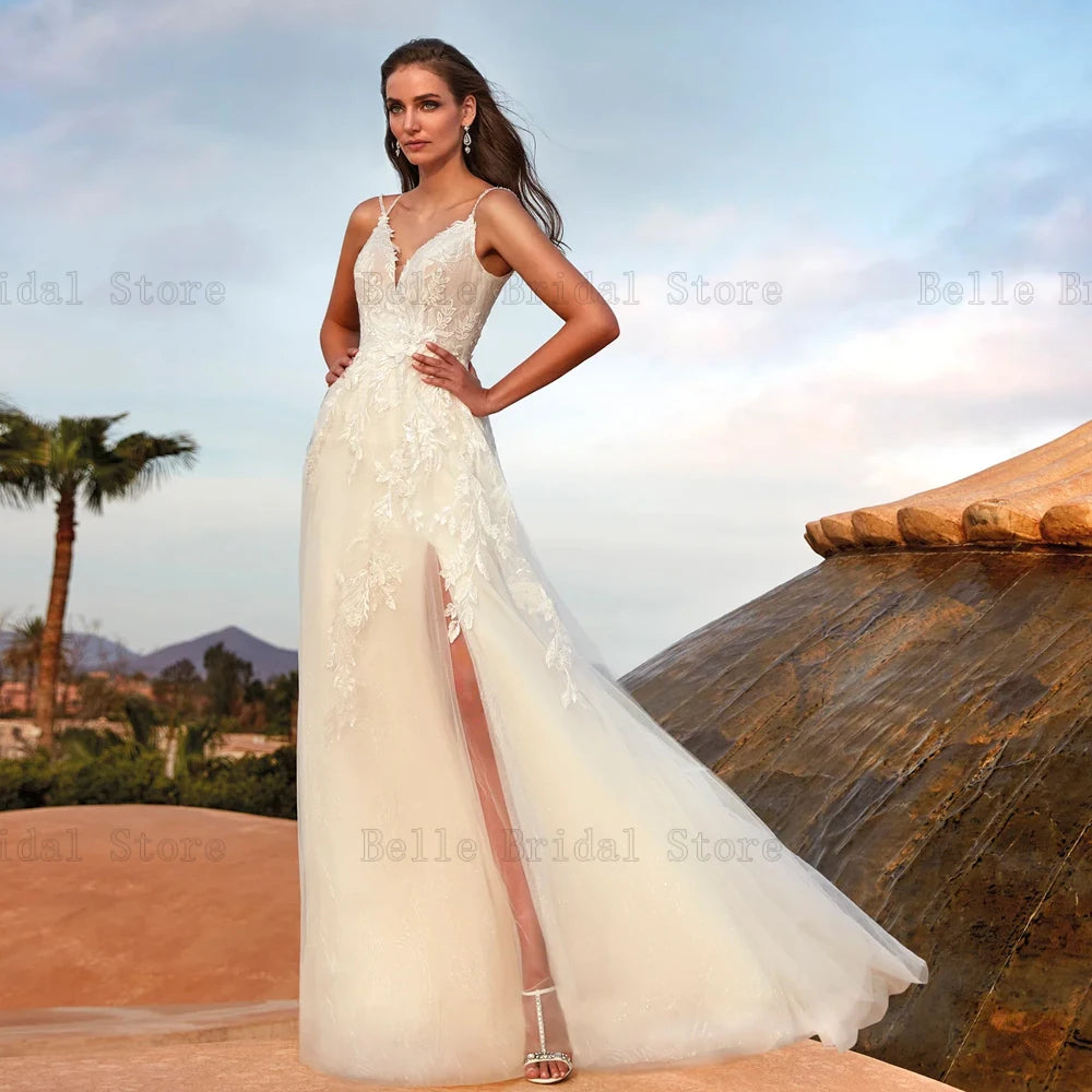 Eleganti abiti da sposa in tulle v al collo maniche abiti da sposa Appliques Lunghezza del pavimento della fessura anteriore senza schienale A-line Vestidos de nolia