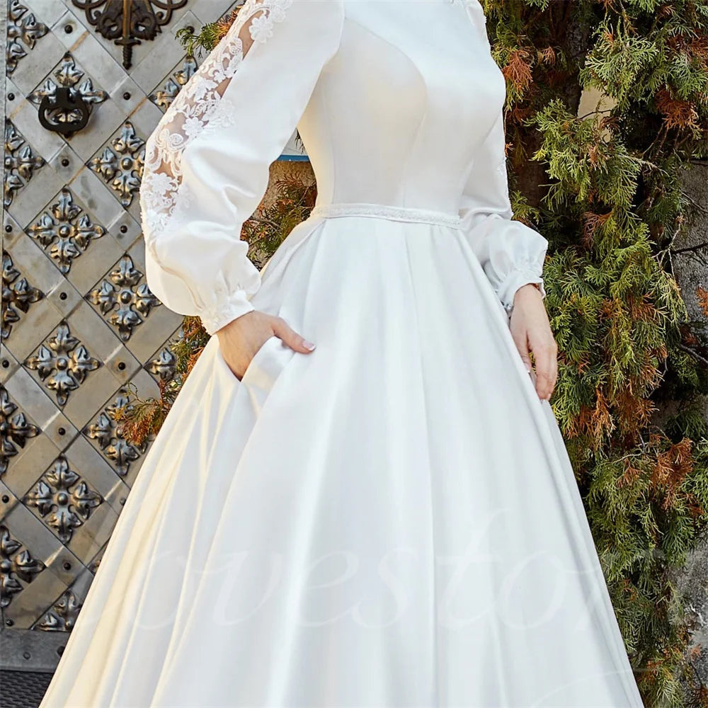 A Line Princess Wedding Dress Full Puff Sleeves Satin Pleat Bridal Gowns For Women Lace Applique Bride Dress Vestido De Noiva