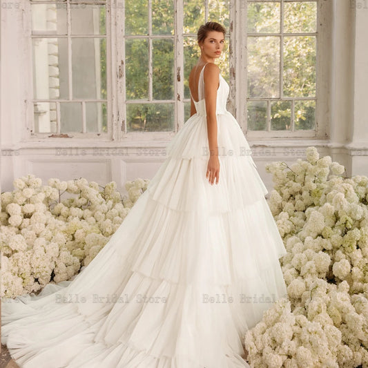 Boho Princess Wedding Dresses 2023 Spaghetti Straps A-Line Bridal Gowns Floor Length Tiered Tulle White Glitter свадебное платье