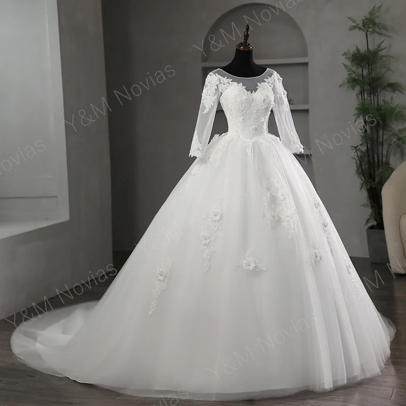 Real Vedio O Neck Lace  Embroidery Full Sleeve Plus Size Wedding Dress 2023 New Long Train Sweet Bride Gown Vestidos De Noiva