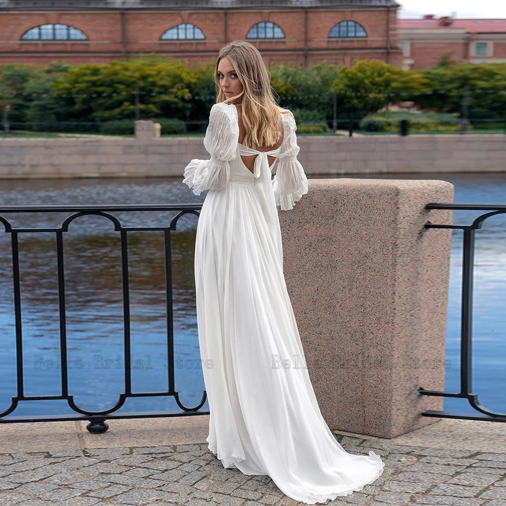 Elegante Chiffon-Brautkleider mit quadratischem Ausschnitt und langen Puffärmeln, Brautkleider mit Falten, rückenfrei, bodenlang, A-Linie, Robe De Mariee