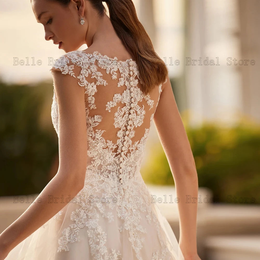 Elegant Wedding Dresses V Neck Cap Sleeves Bridal Gowns Appliques Illusion Floor Length A-Line Tulle Vestidos De Novia 2024