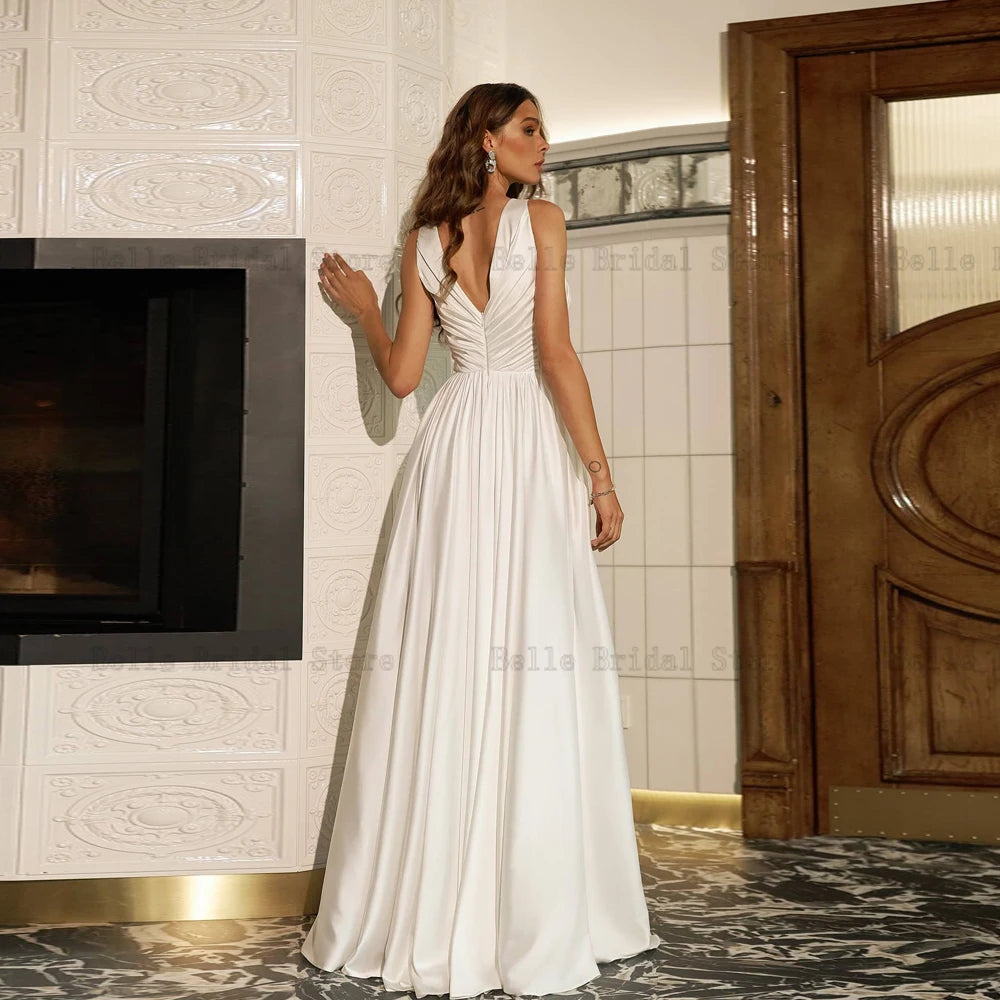 Simple Ivory Wedding Dresses Jewel Neck Sleeveless A-Line Bridal Growns Pleat Front Slit Floor Length свадебное платье 2023