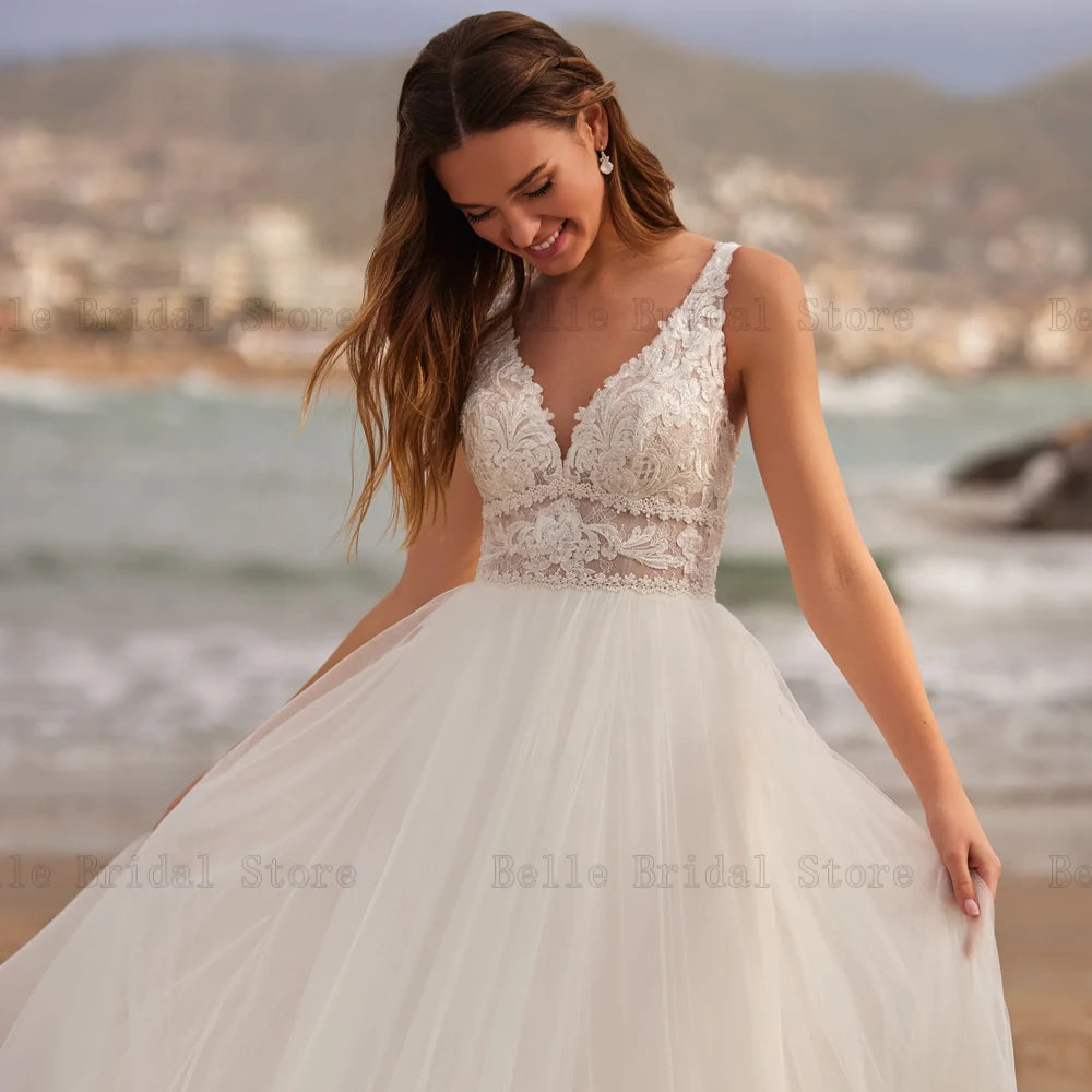 Beach Tulle Wedding Dresses Deep V Neck Sleeveless Bridal Gowns Appliques Back Button Floor Length A-Line Vestidos De Novia 2024