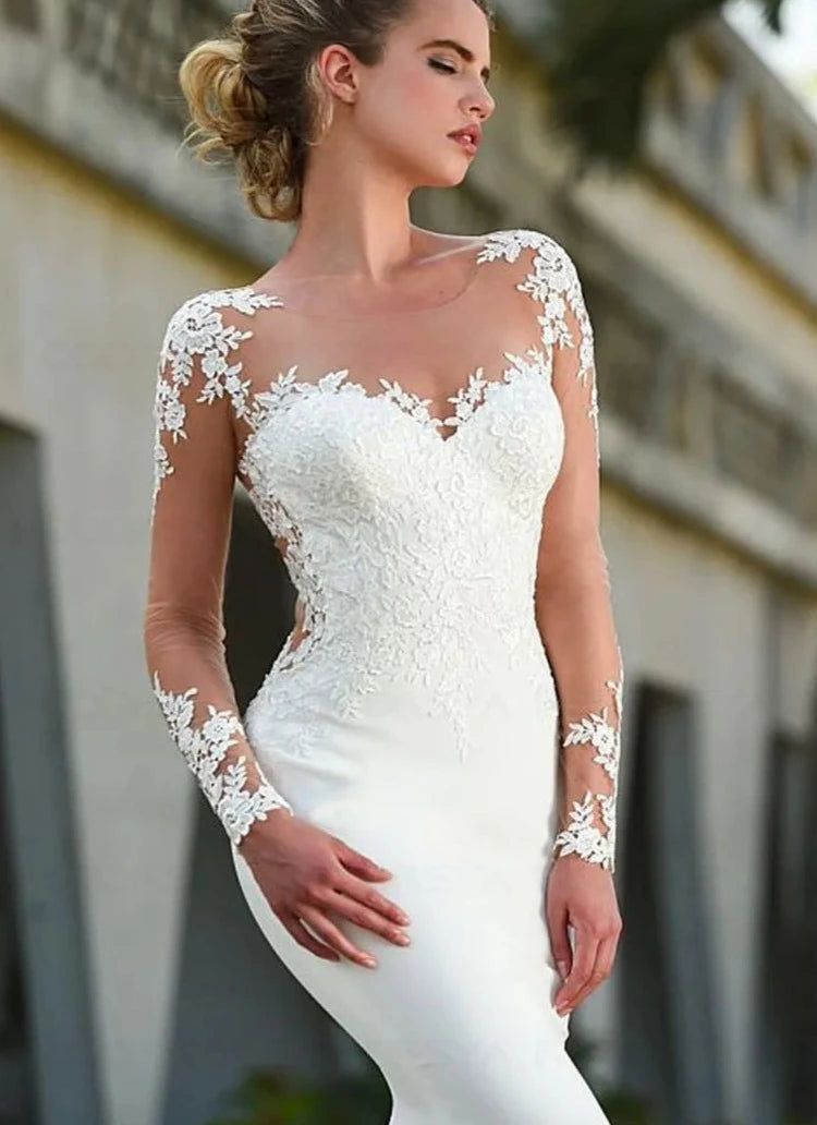 Maniche lunghe APPLICI DI MILE SHEER APPLICATIVI Abito da sposa abiti da sposa vedono attraverso la schiena con i pulsanti posteriori semplici