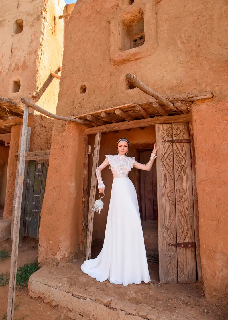 Magnifique robe de mariée en dentelle A-line avec manches à volants complètes