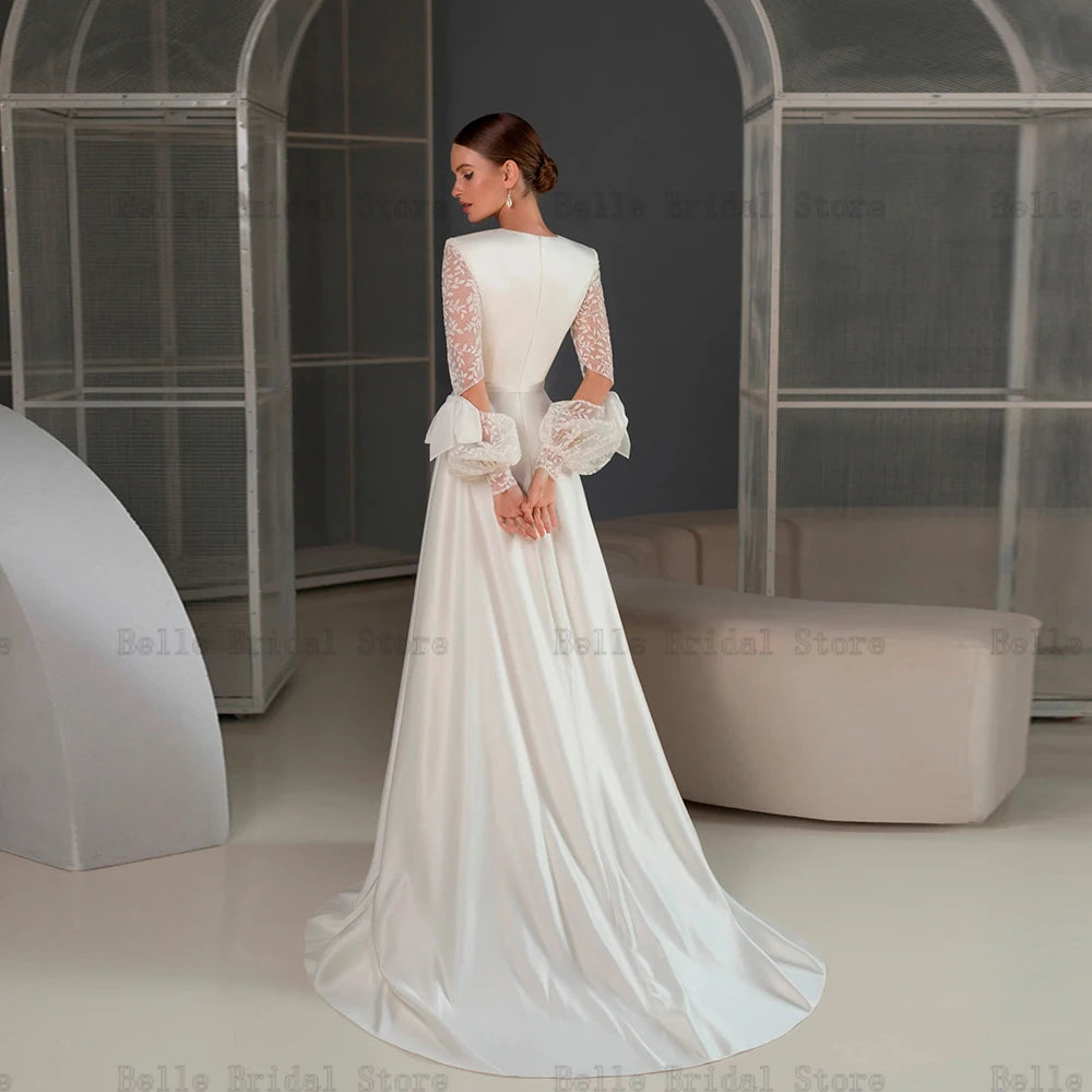 Elegant White Wedding Dresses O Neck Long Sleeves Bridal Gowns Appliques Back Zipper Sweep Train A-line Vestidos De Novia 2023