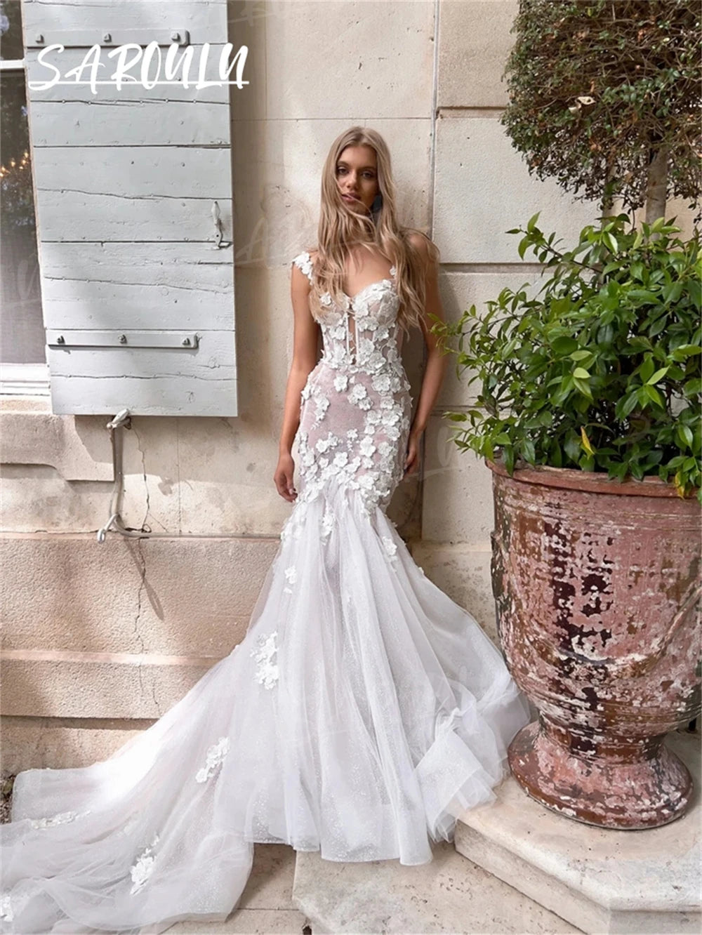 Romantic Sexy Long Mermaid Bride Dress Off-Shoulder Sleeves Cut-out Lace Appliques Tulle Sweetheart Women Wedding Dresses 2024