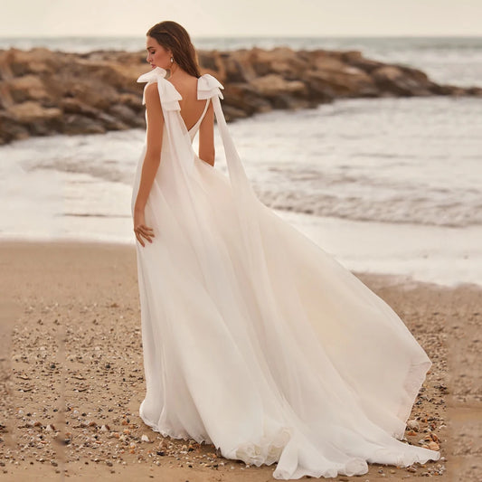 Beach A-Line Wedding Dresses V Neck Sleeveless Bridal Gowns Bow Backless Back Zipper Floor Length Chiffon Vestidos De Novia 2024