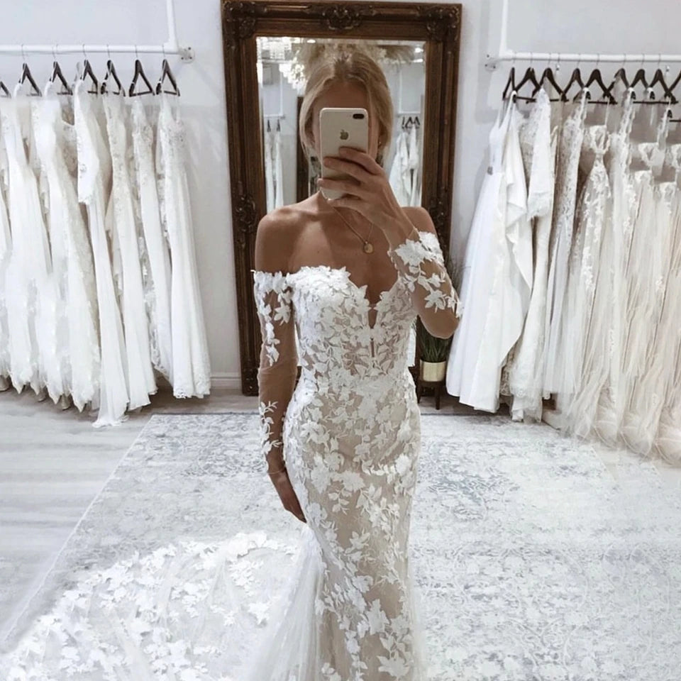 Off The Shoulder Lace Mermaid Long Sleeves Wedding Dress Sweetheart Embroidery Backless Women Bridal Gowns Vestido De Noiva