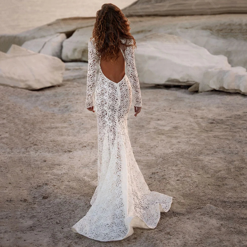 Charming Latest Mermaid Wedding Dresses Lace 2024 Bridal Gowns Long Sleeve High Collar Wedding Gowns Bare Back Robe de mariée