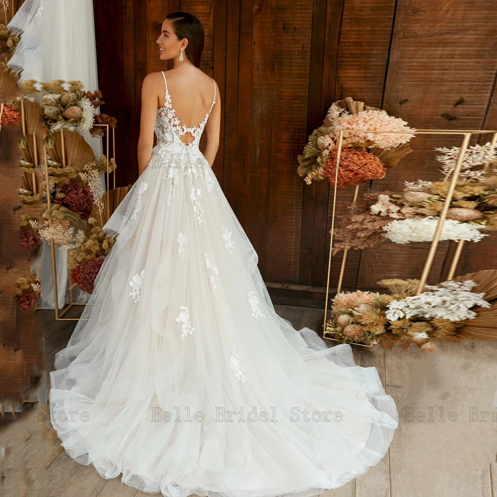 Eleganti cinghie di spaghetti abiti da sposa a vccuntuli da sposa a maniche da sposa appliques sweep treno