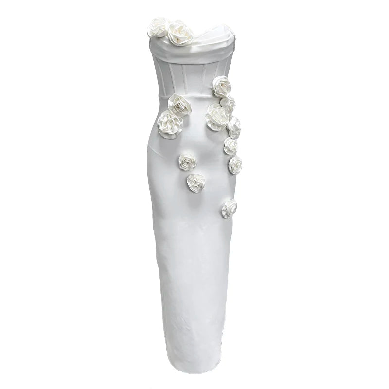 White Color Women Sexy Strapless Florals Off the Shoulder Bodycon Bandage Mid-calf Dress Celebrate Evening Party Vestido