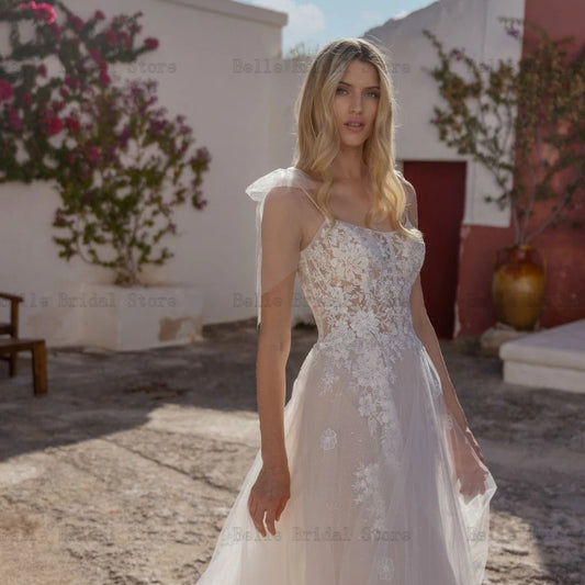 Sexy Wedding Dresses Spaghetti Straps Sleeveless Bridal Growns Bow Appliques Illusion Sweep Train A-line Vestidos De Novia 2023
