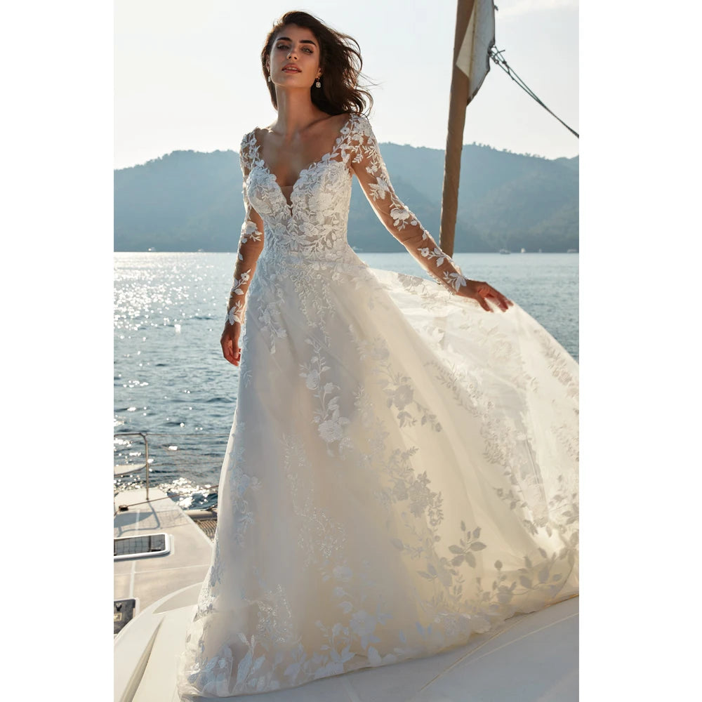 Sexy V Neck Wedding Dresses Long Sleeves Bridal Growns for Woman Backless Appliques Sweep Train A-line Tulle Vestidos De Novia