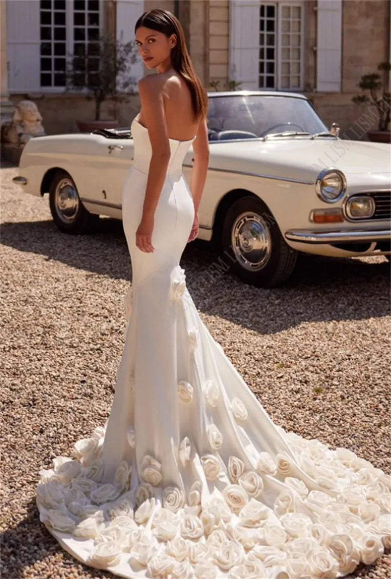 Mermaid Long Beach Wedding Dress 3D Flowers Strapless Luxury Bridal Princess Gown Vestidos De Novia With Choker