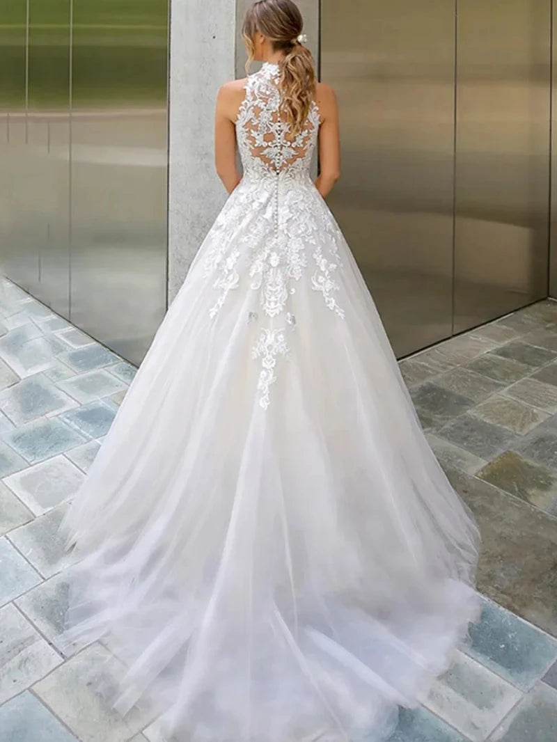 Wedding Dresses Tulle 2024 Sleeveless Back Illusion Bridal Gowns Exquisite A-Line Vestidos De Novia Lace Appliques