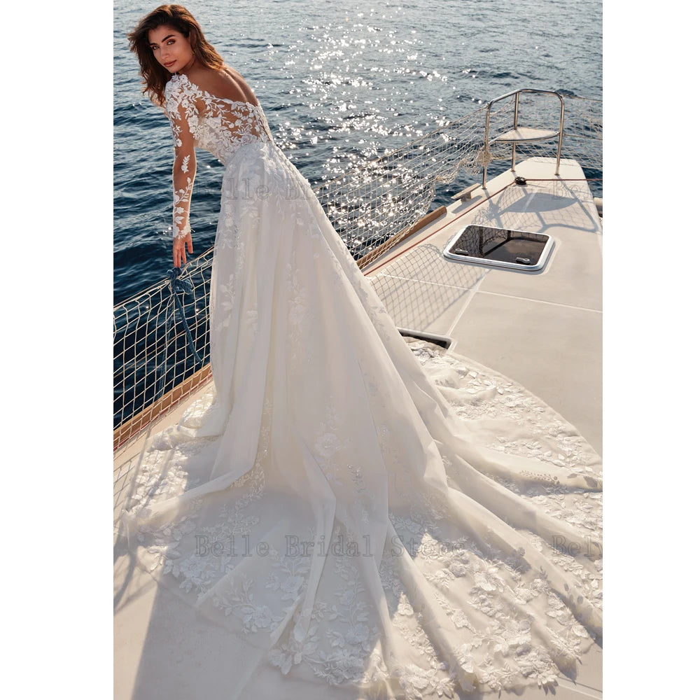 Sexy V Neck Wedding Dresses Long Sleeves Bridal Growns for Woman Backless Appliques Sweep Train A-line Tulle Vestidos De Novia